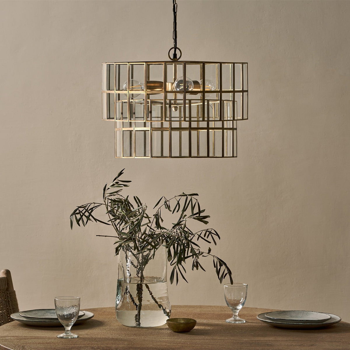 Kirindi 3 Light Glass Chandelier - Clear & Antique Brass