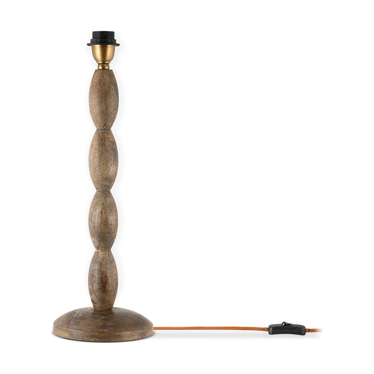 Konali Mango Wood Table Lamp Base in ash stain, a beaded turned-wood column on a round disc foot with brass cup and black lampholder, orange cable, shown on a white background.