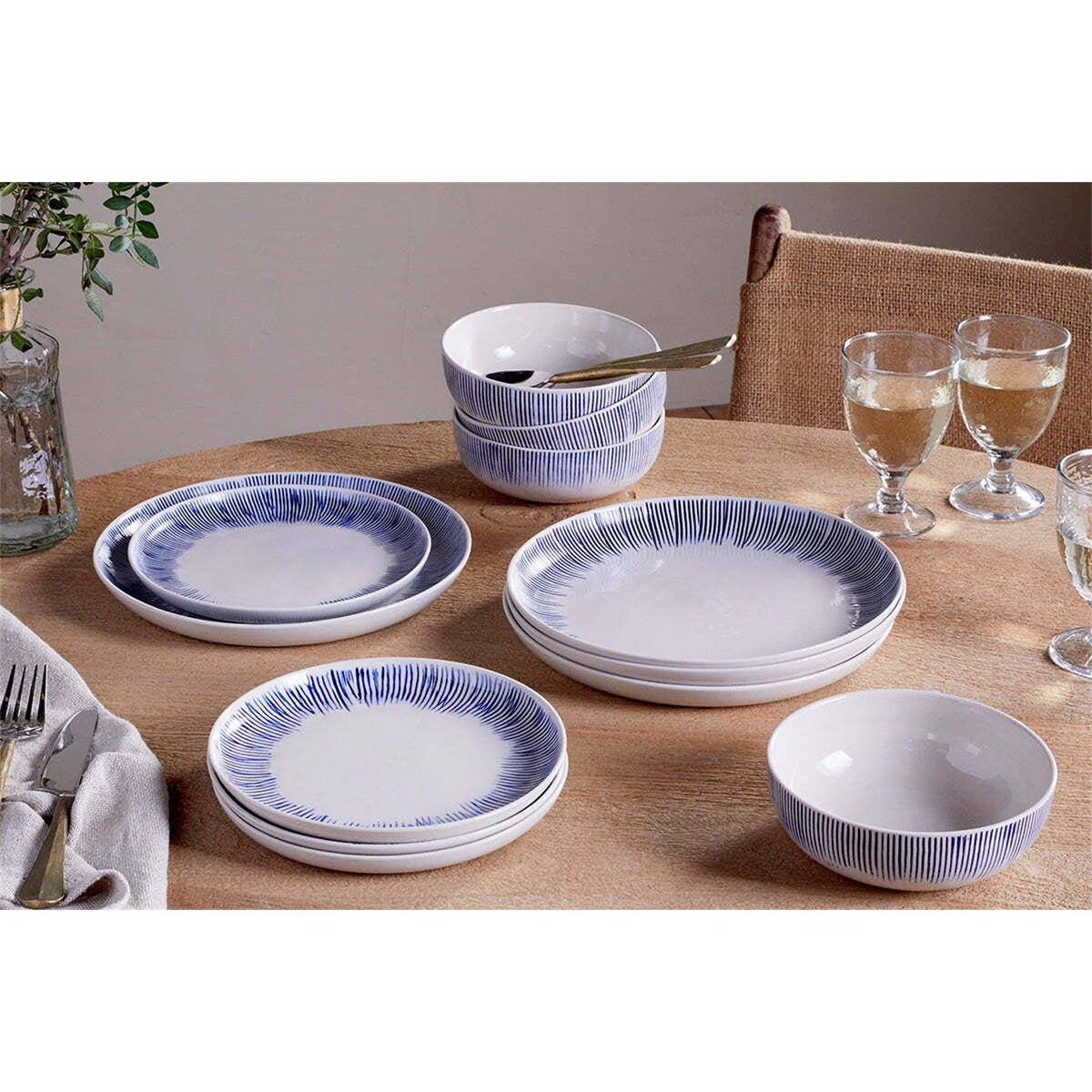 Karuma Stoneware Dinner Set - Blue & White - Set of 12