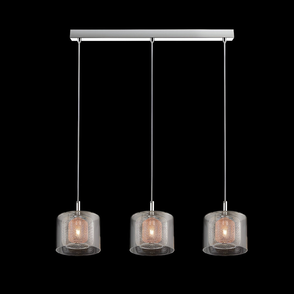Laurin 3 Light Glass & Copper Mesh Bar Pendant - Chrome