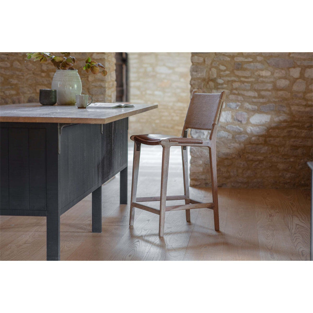 Nayan Leather & Jute Counter Stool - Tan