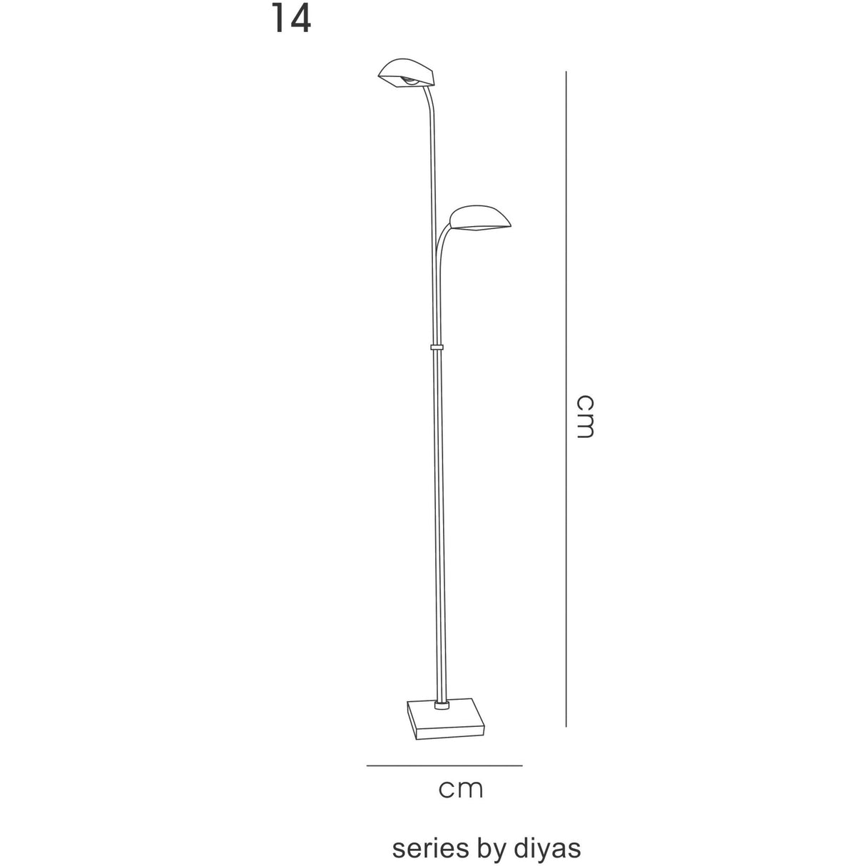 Line drawing of the Udine 2 Light Frosted Glass Floor Lamp in satin chrome, featuring two curved arms with frosted glass shades at varying heights on a rectangular base. Axis labels show dimensions in centimeters. Text below reads "series by diyas.