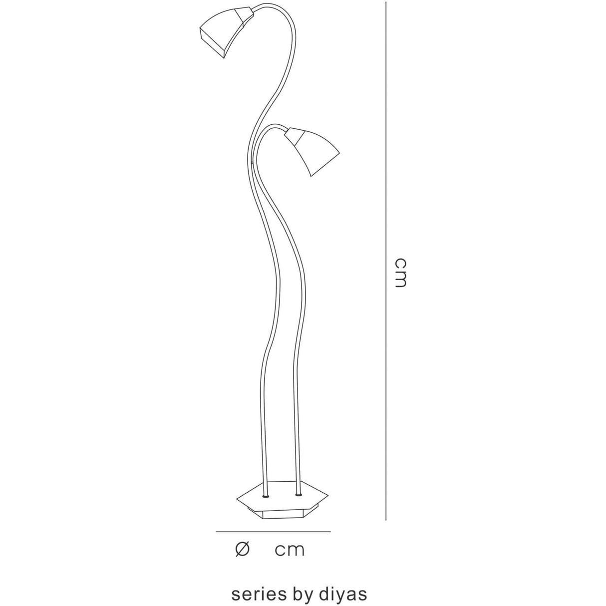 Line drawing of the Chievo 2 Light Frosted Glass Floor Lamp in satin chrome, featuring two upward-angled lampshades, frosted glass accents, a hexagonal base, and vertical measurements. The text below reads: series by diyas.