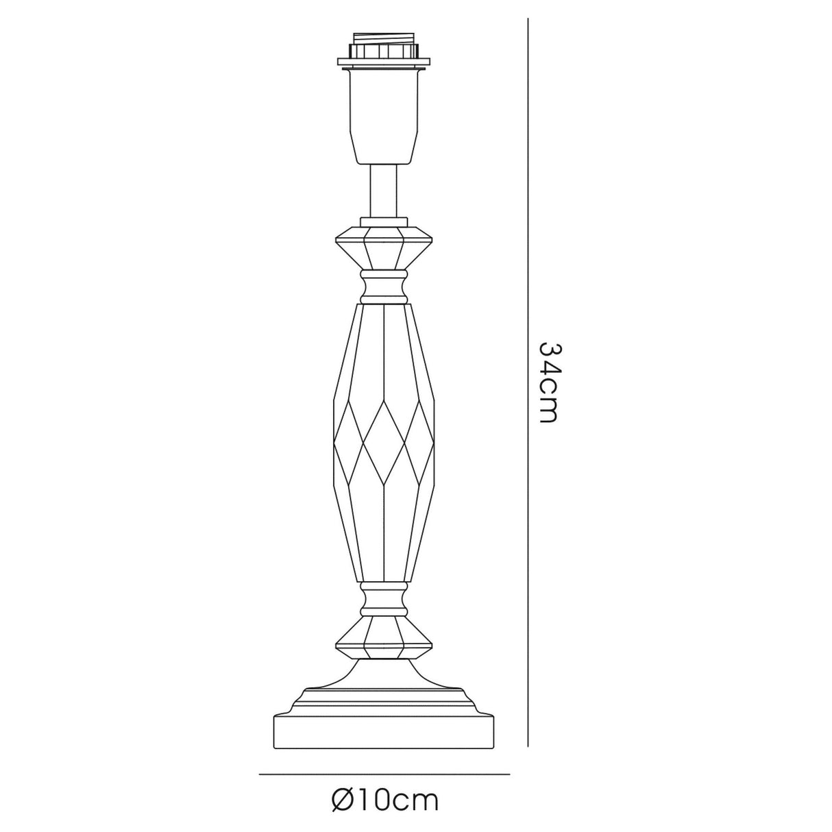 Line drawing of the Nexon 1 Light Crystal Table Lamp in a silver finish, featuring a geometric faceted design. The bedside lamp measures 34 cm tall with a circular base diameter of 10 cm.