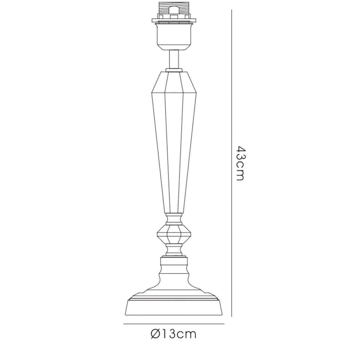 Line drawing of the Freya 1 Light Crystal Table Lamp - Silver Without Shade, showing its 43 cm height and 13 cm round base diameter with labeled measurements along the side and base.