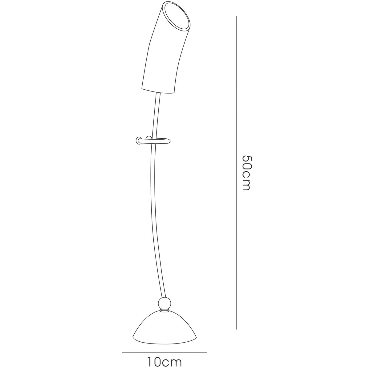 Line drawing of the Lucia 1 Light Table Lamp: a modern 50 cm tall lamp with a polished chrome curved stand, round 10 cm base, and an angled frosted glass shade at the top.