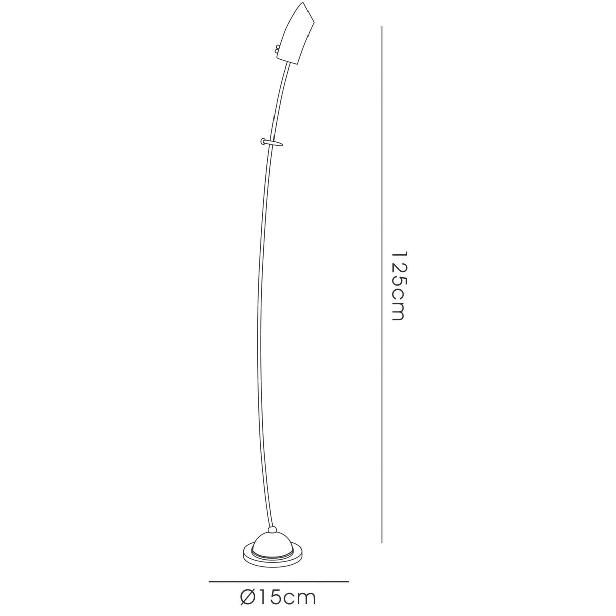 Line drawing of the Lucia 1 Light Frosted Glass Floor Lamp in polished chrome, with a slender 125cm-tall design, round 15cm base, and angled frosted glass shade.