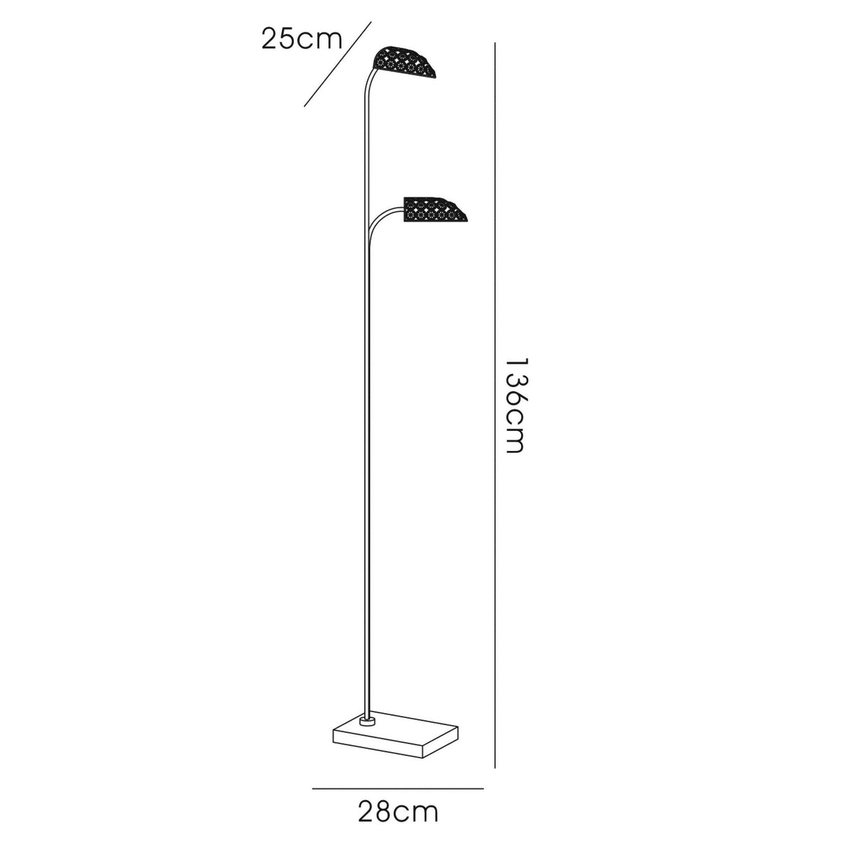 Line drawing of the Ashton 2 Light Crystal Floor Lamp in Satin Nickel, featuring two adjustable heads, a rectangular base (28 cm wide), lamp head length of 25 cm, and a total height of 136 cm with dimensions labeled.