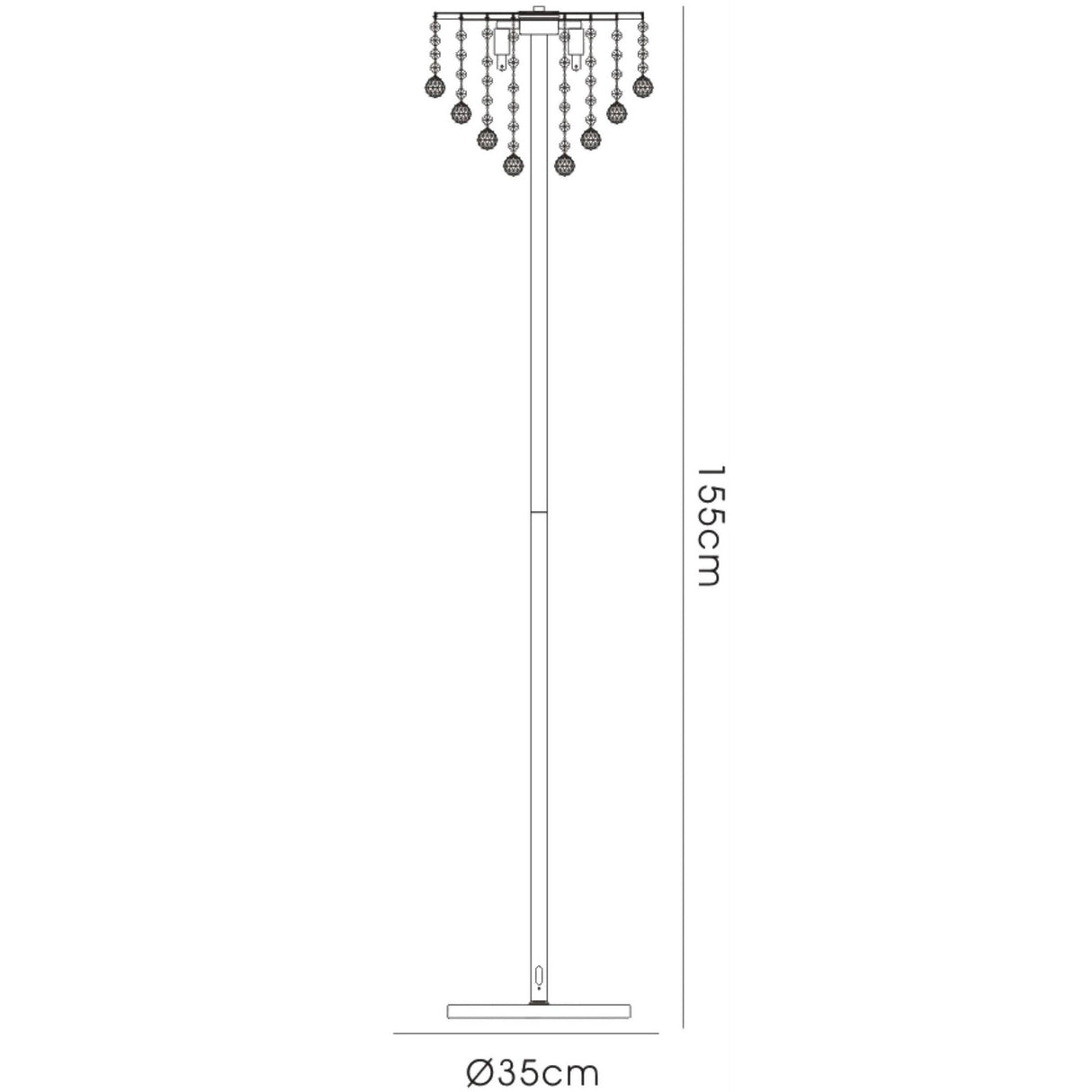 Line drawing of the Atla 4 Light Crystal Floor Lamp in polished chrome, featuring a round 35 cm base, tall straight pole, and decorative hanging crystals at the top. Modern lighting piece stands 155 cm high.