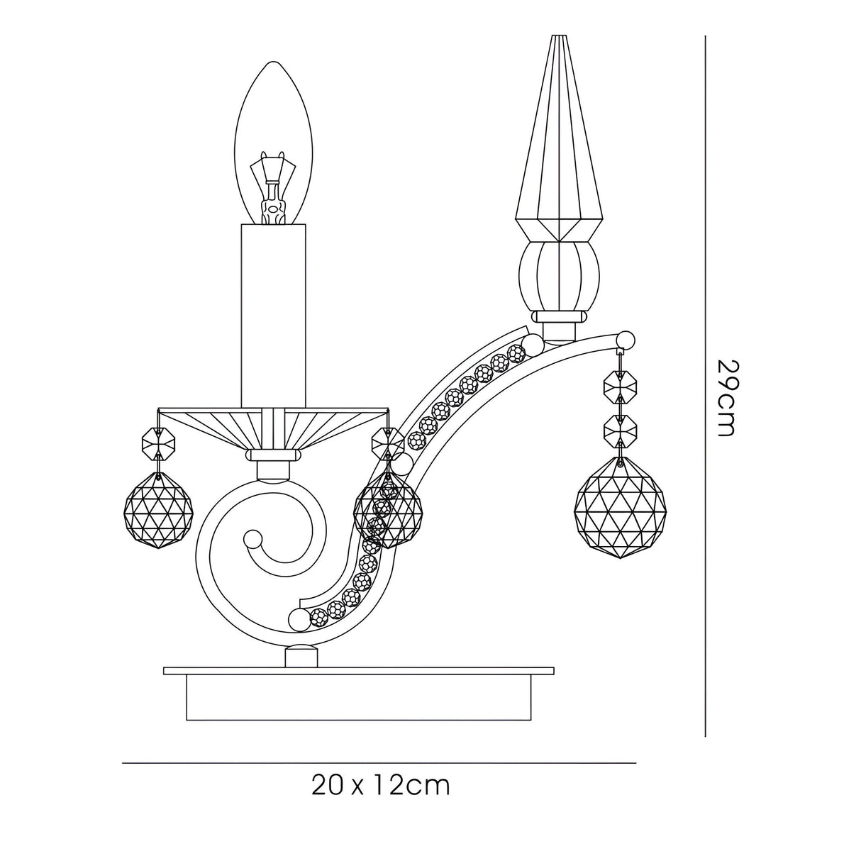 Line drawing of the Tara 1 Light Crystal Table Lamp in black chrome, featuring a candle-shaped bulb, hanging crystal ornaments, and measuring 29 cm tall by 20 x 12 cm at the base.