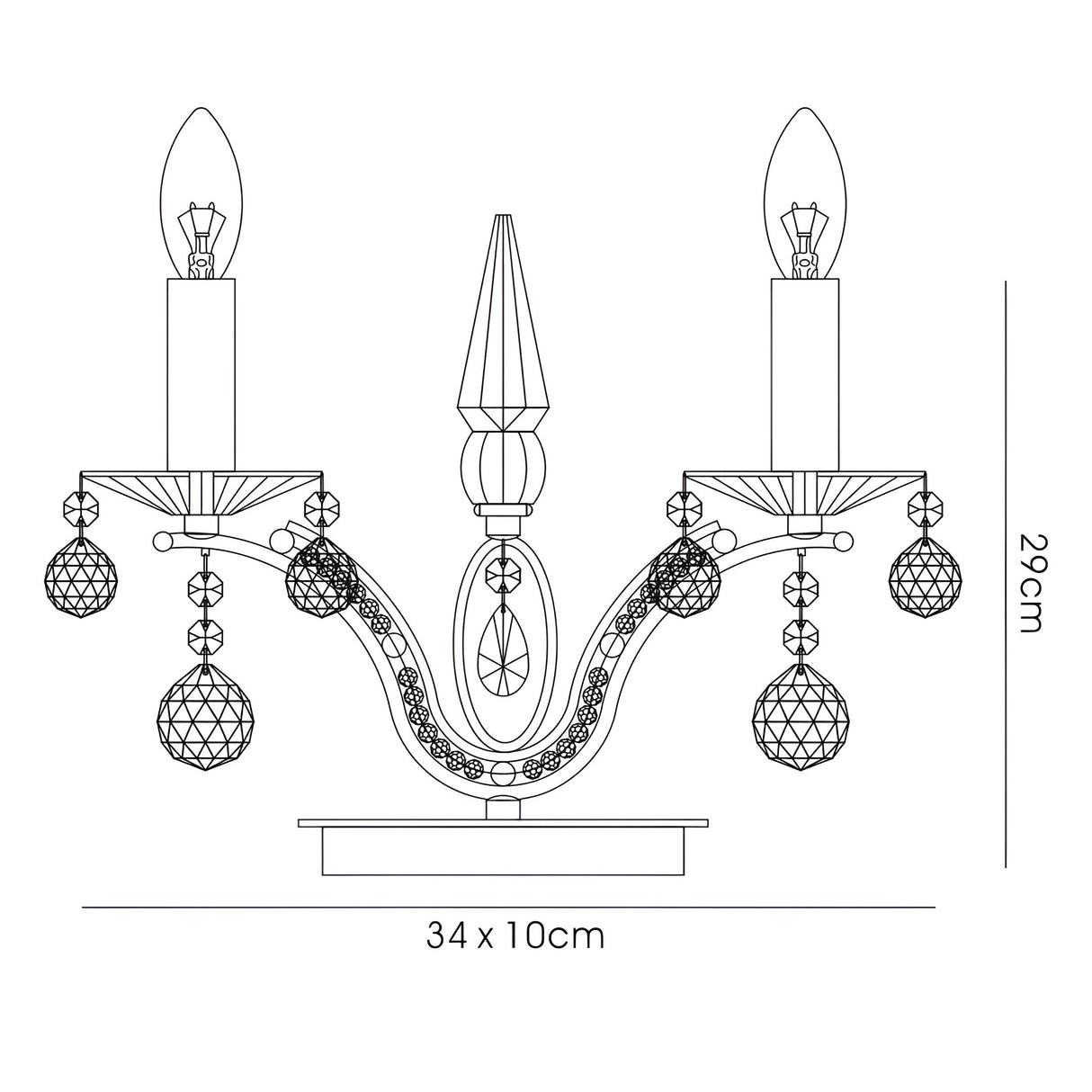 Line drawing of the Tara 2 Light Crystal Table Lamp - Black (Without Shade), showing dimensions: 29 cm tall, 34 cm wide, and 10 cm deep. Features ornate arms, hanging crystal balls, and candle-style bulbs for elegant lighting.