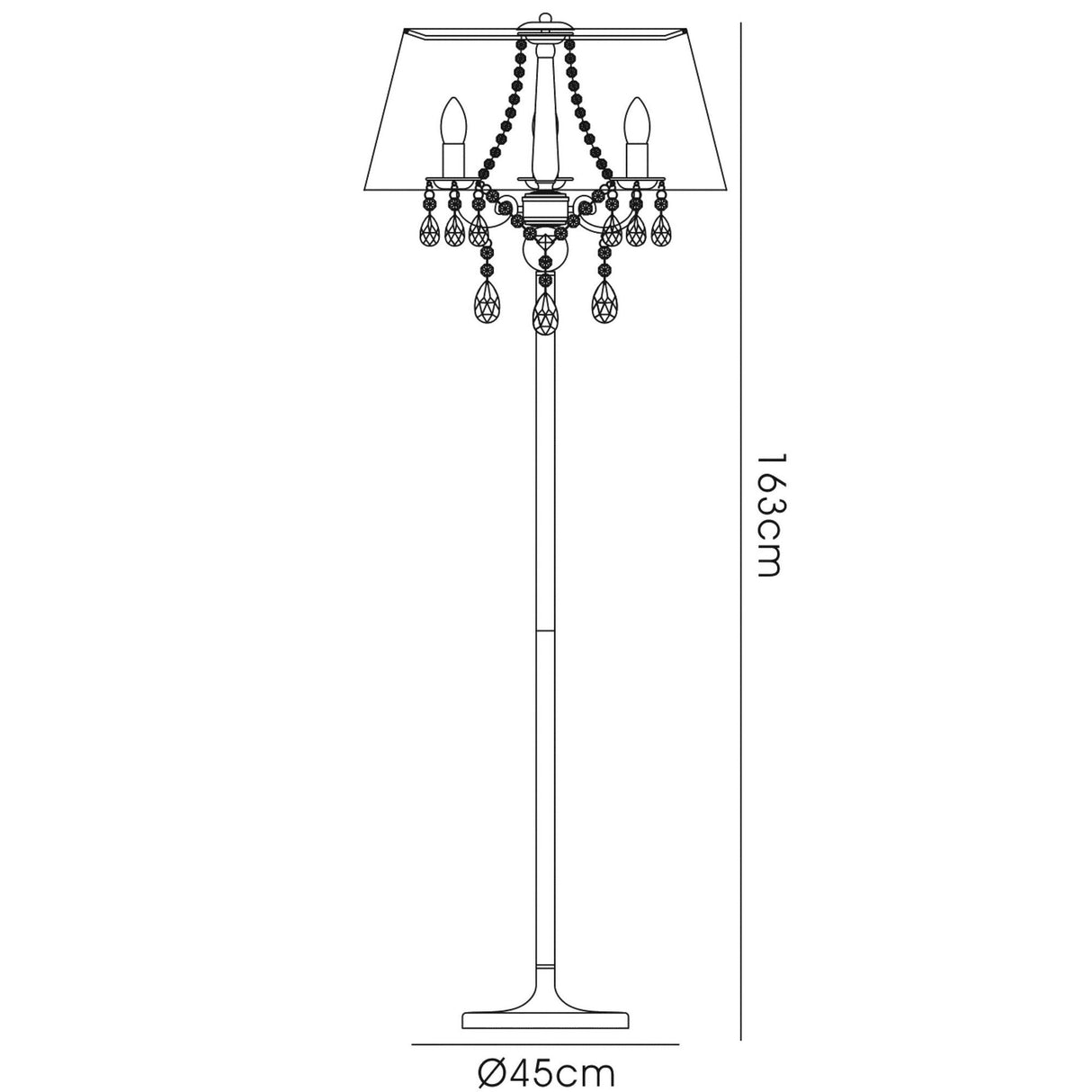 Line drawing of the Olivia 3 Light Crystal Floor Lamp in chrome with black shade, featuring hanging crystals and three candle-style bulbs. Dimensions: 163 cm tall, 45 cm diameter.