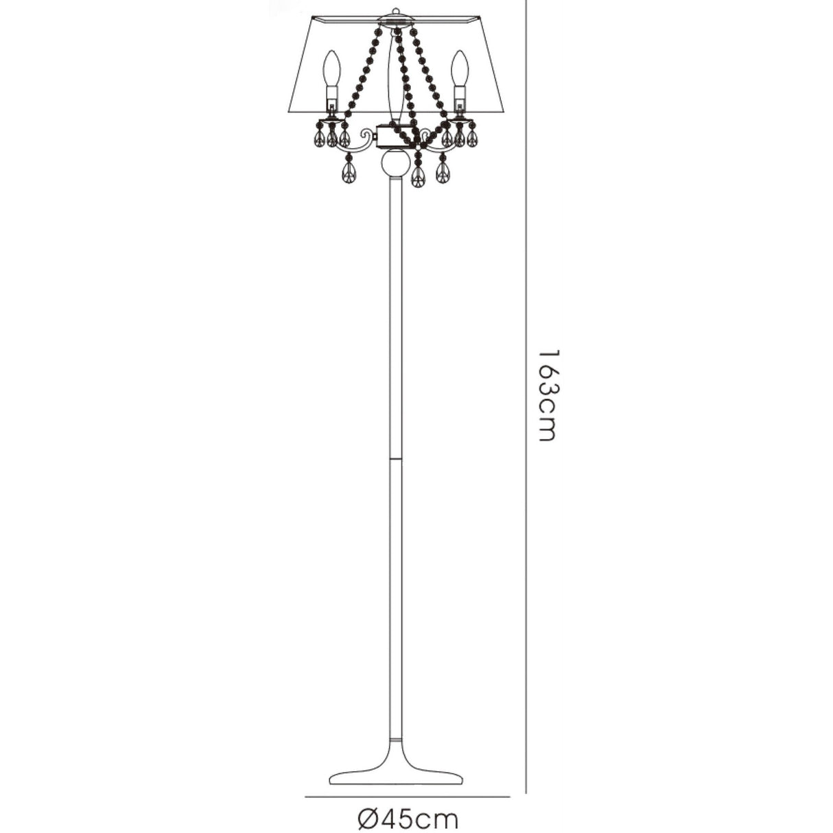 Line drawing of the Olivia 3 Light Crystal Floor Lamp—chrome finish, cream chandelier-style shade, hanging beads, and three candle-like bulbs. This lamp stands 163 cm tall with a round base diameter of 45 cm.