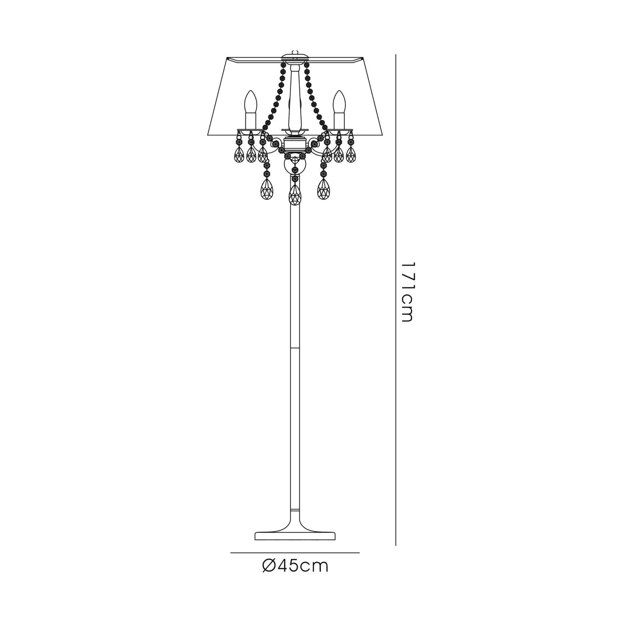 Line drawing of the Olivia 3 Light Crystal Floor Lamp in chrome with a grey shade, featuring dangling crystals and decorative bulbs. The lamp stands 171 cm tall with a base diameter of 45 cm, as indicated by measurements beside the image.