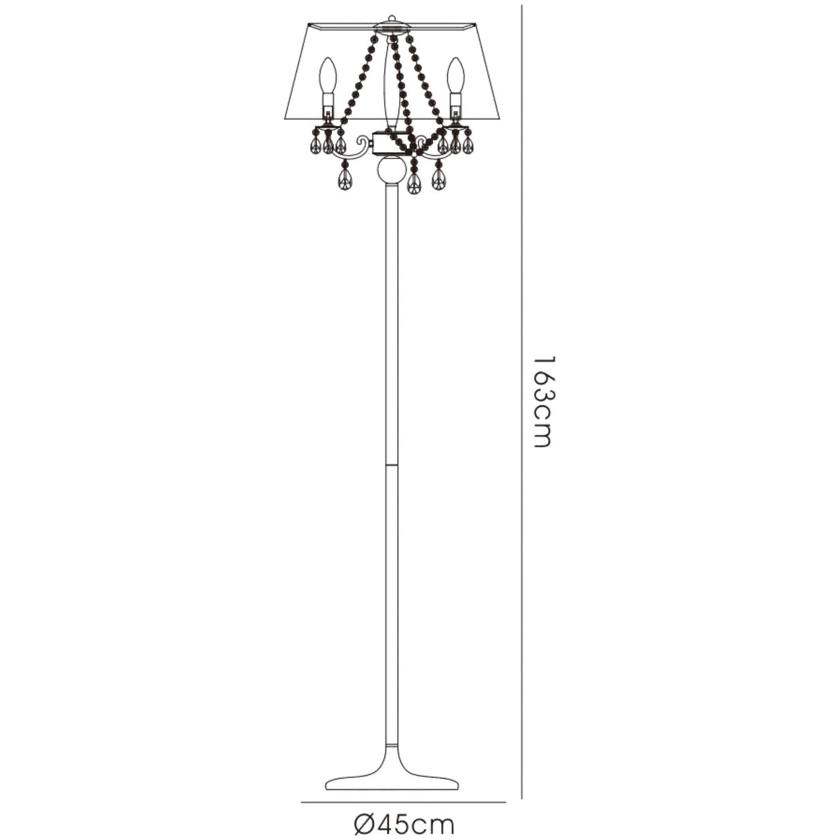 Line drawing of the Olivia 3 Light Crystal Floor Lamp—chrome finish, bronze shade, decorative crystals, and beaded chain; dimmable and stands 163 cm tall with a circular base diameter of 45 cm.