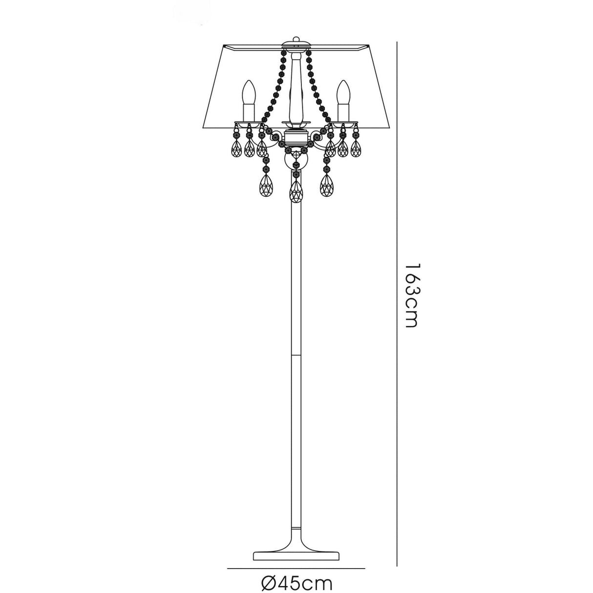 Line drawing of the Olivia 3 Light Crystal Floor Lamp in chrome with a white shade, featuring hanging crystals and three candle-style bulbs. It stands 163 cm tall with a 45 cm diameter base.