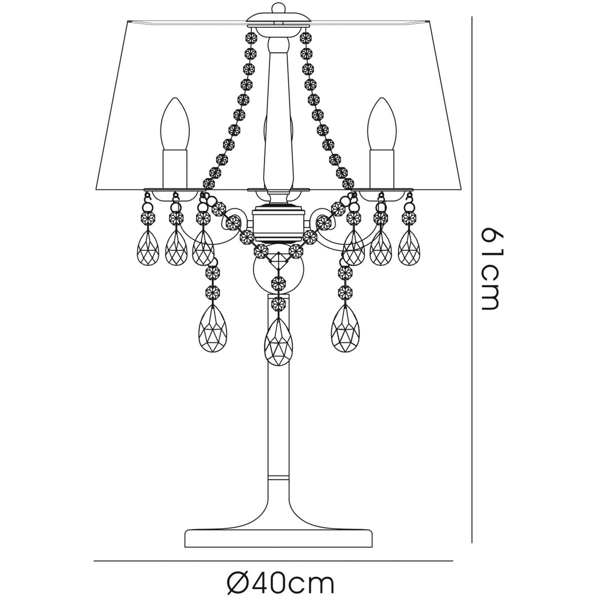 Line drawing of the Olivia 3 Light Crystal Table Lamp in brass with a white shade, three bulbs, hanging crystal accents, and labeled dimensions: 61 cm tall by 40 cm diameter—ideal for elegant interior lighting.