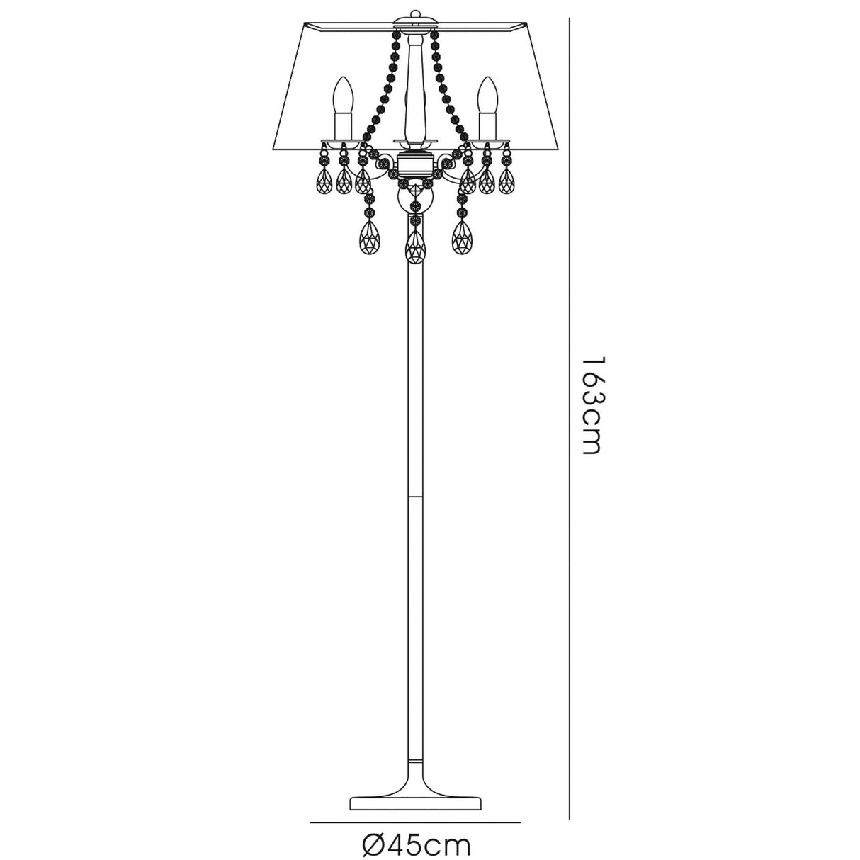 The Olivia 3 Light Crystal Floor Lamp features a brass finish, black chandelier-style shade with hanging beads and crystal drops. Measuring 163 cm tall with a 45 cm diameter base, it adds elegant illumination to any room.
