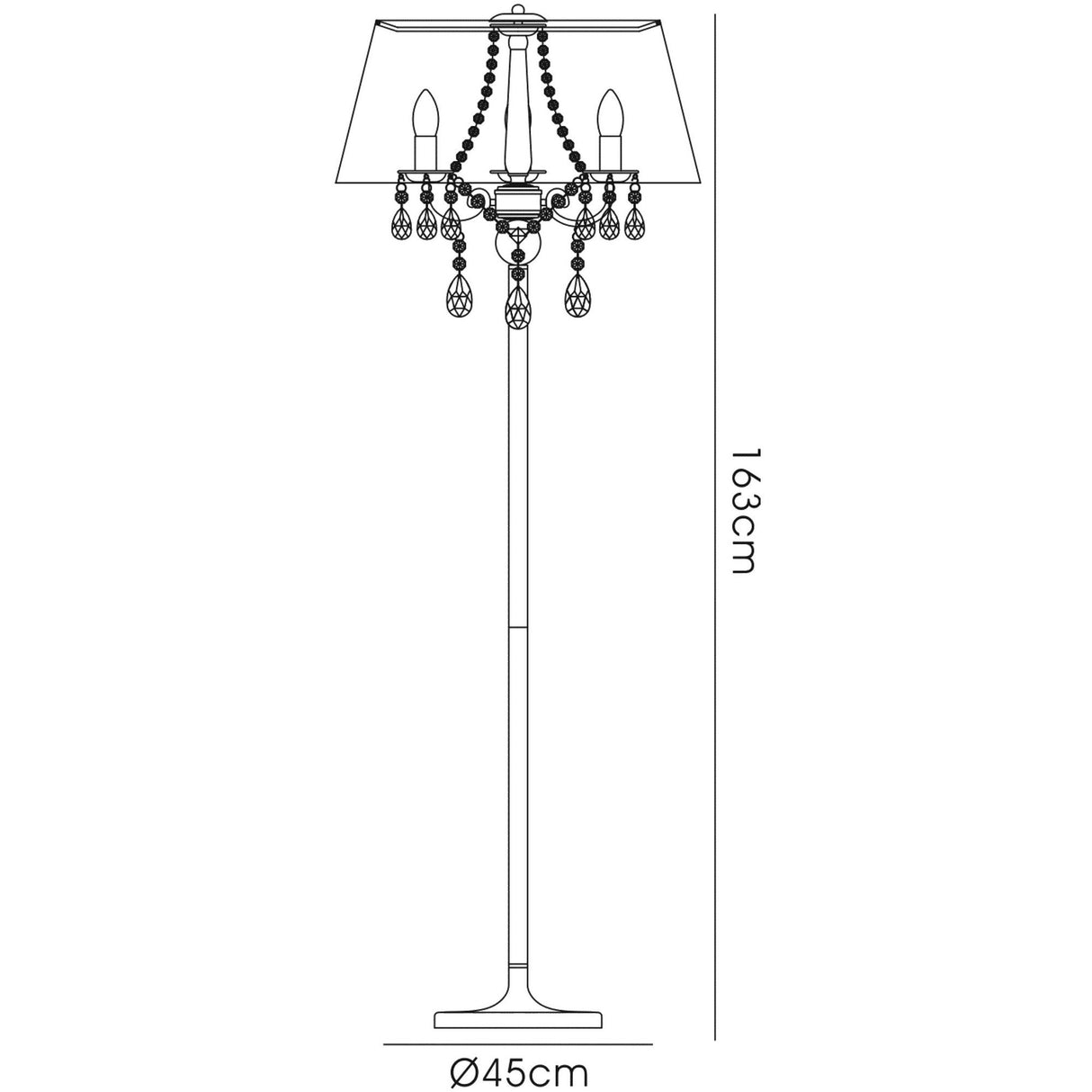 Line drawing of the Olivia 3 Light Crystal Floor Lamp in brass with a bronze shade, dangling crystal-like ornaments, and a round base. The lamp stands 163 cm tall with a 45 cm diameter shade.