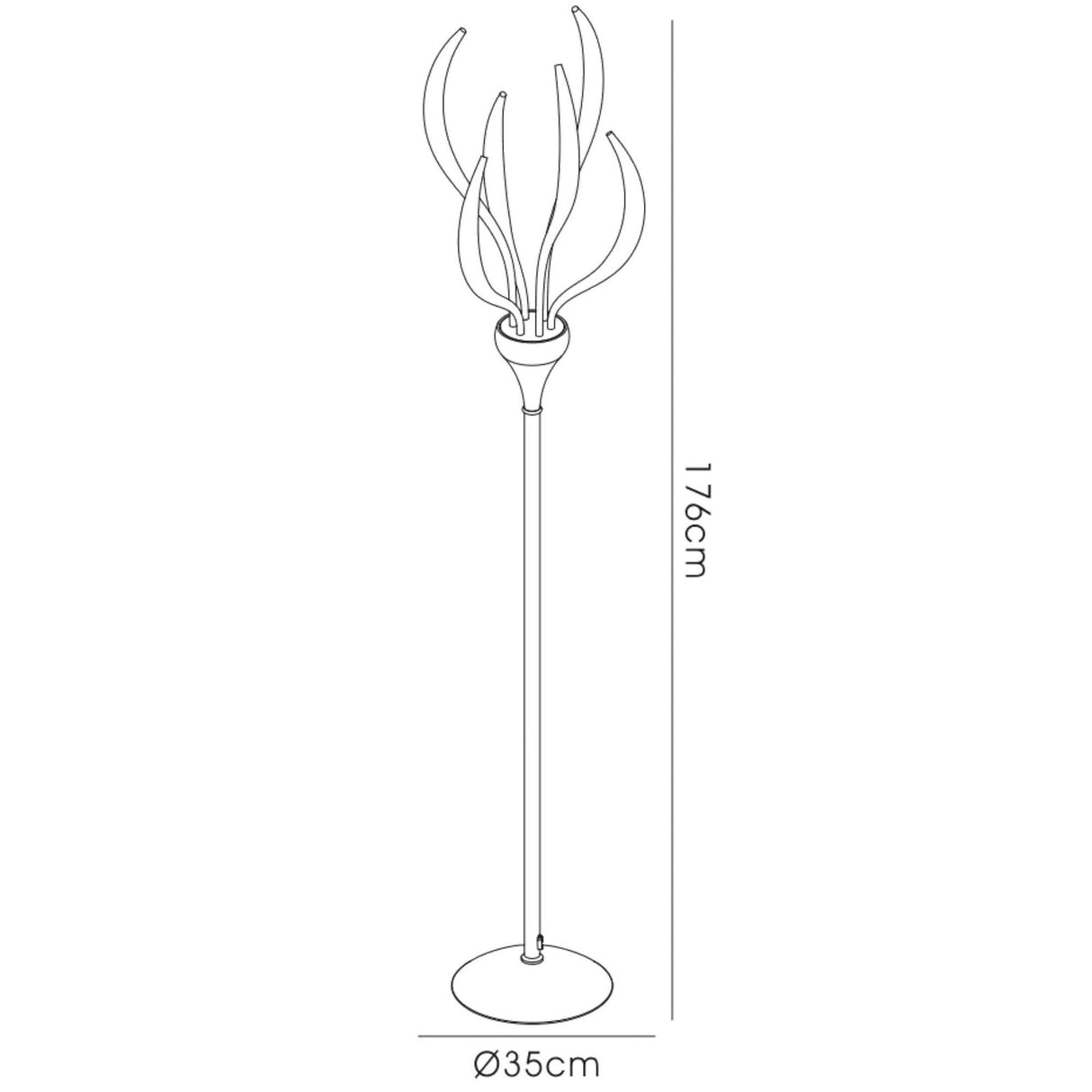 Line drawing of the Llamas 6 Light Floor Lamp in gloss white, featuring curved, leaf-like elements. This sculptural piece stands 176 cm tall and has a round base with a 35 cm diameter.