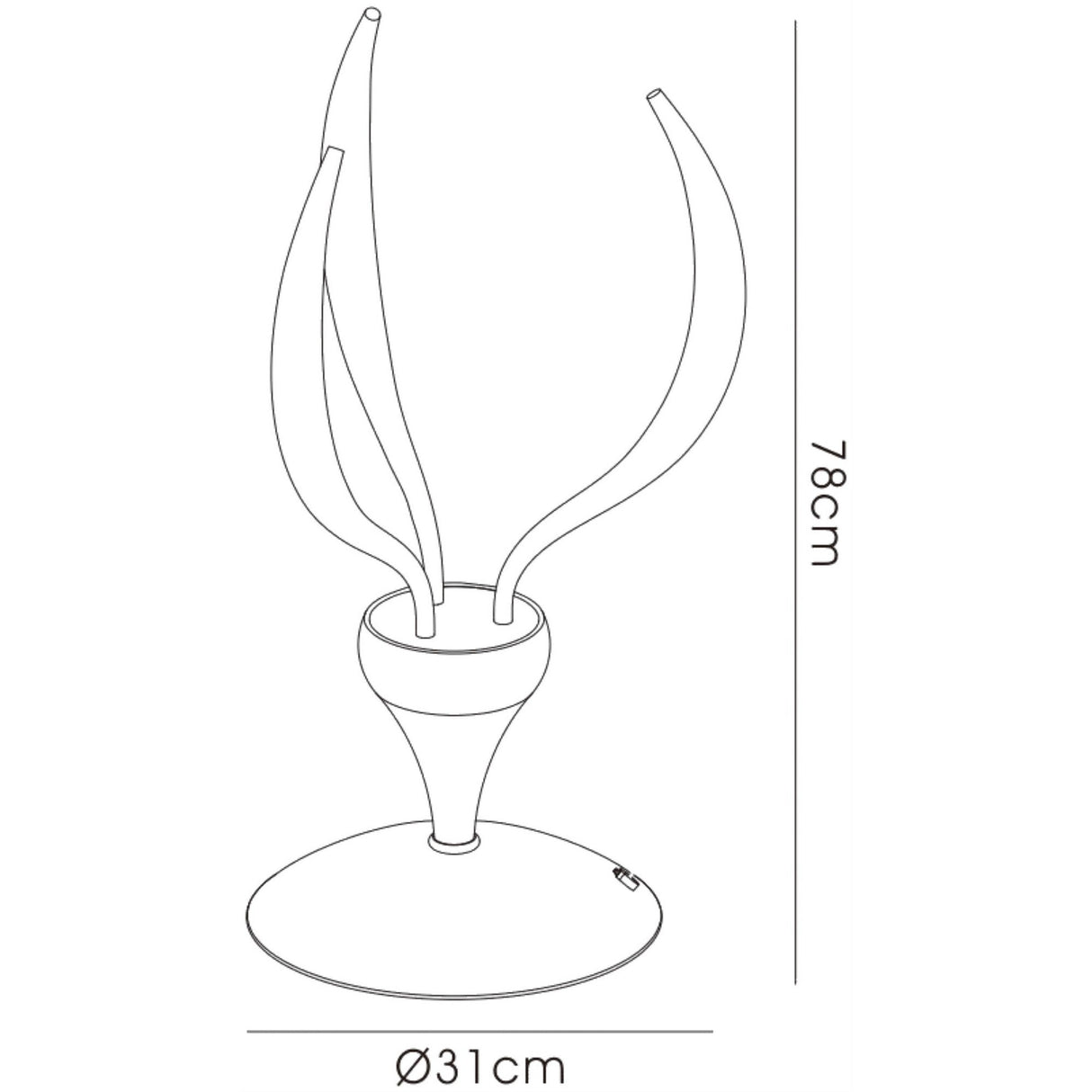 Line drawing of the Llamas 3 Light Table Lamp in gloss white, featuring a sculptural design with three upward-curved arms. The lamp stands 78 cm tall and has a circular base measuring 31 cm in diameter.