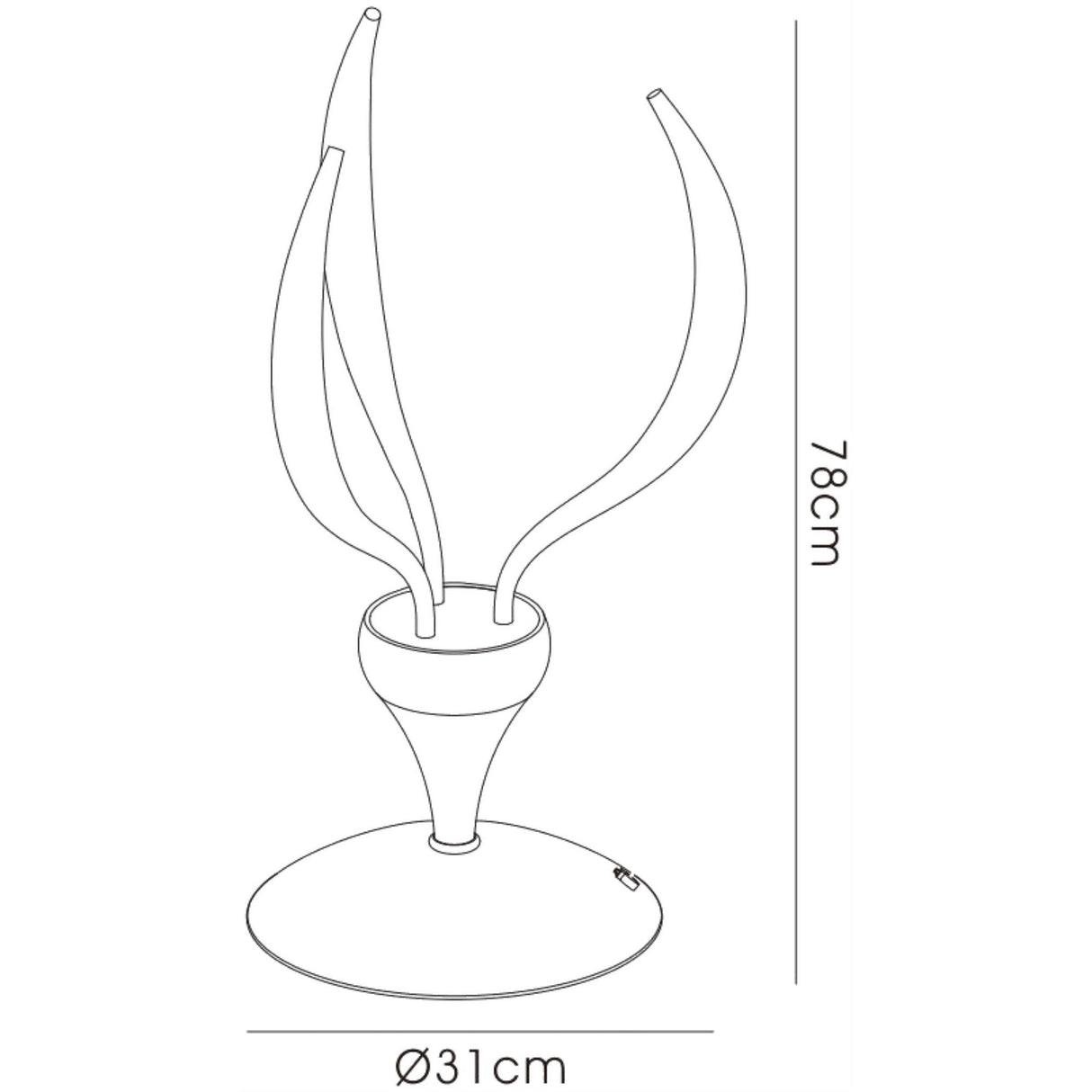 Line drawing of the Llamas 3 Light Table Lamp in black, featuring a round 31 cm base and three curved arms reaching upward. This contemporary statement piece stands at a total height of 78 cm.
