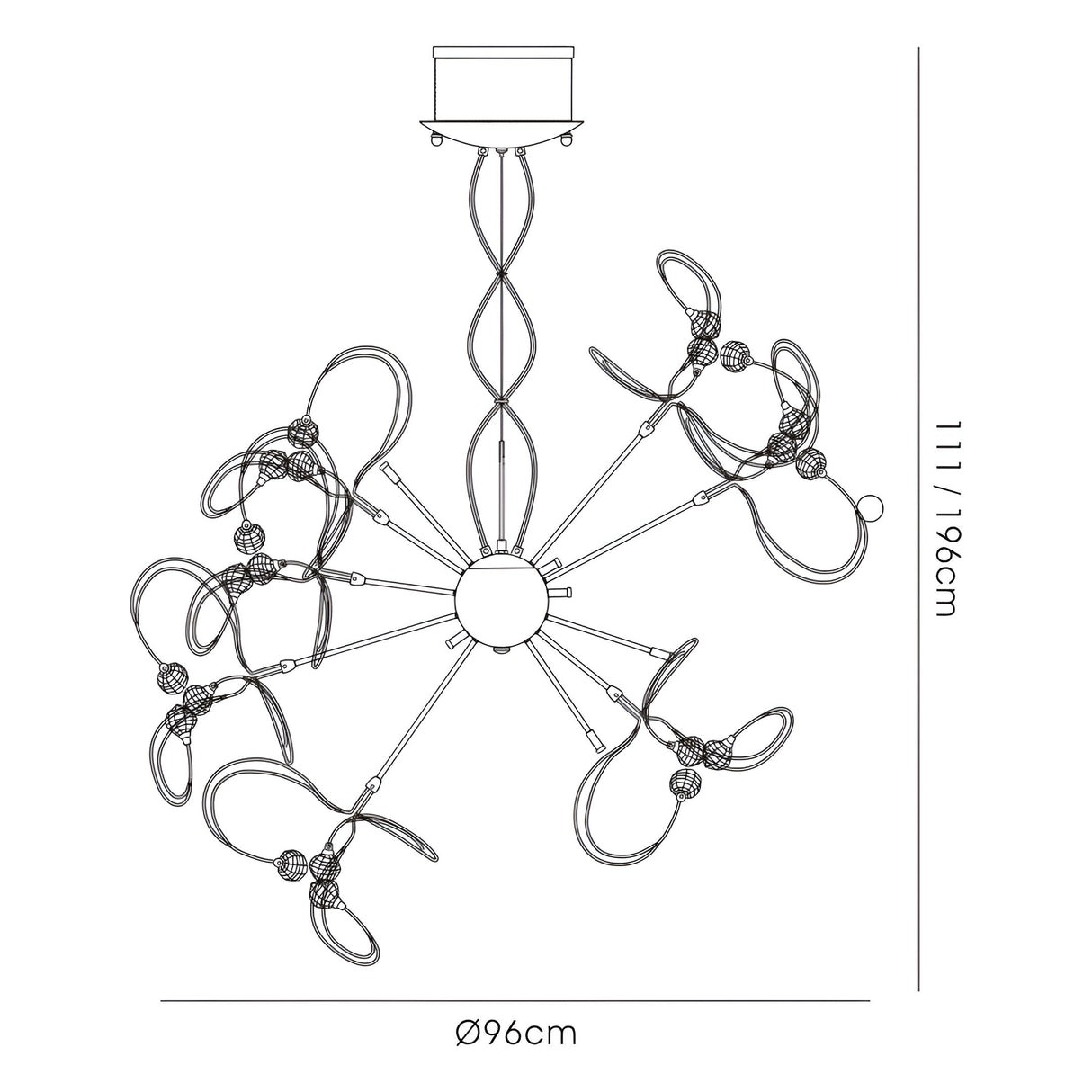 Diyas Messe technical line drawing showing 96cm diameter and 111-196cm drop dimensions for the 24 light crystal semi-flush ceiling light.