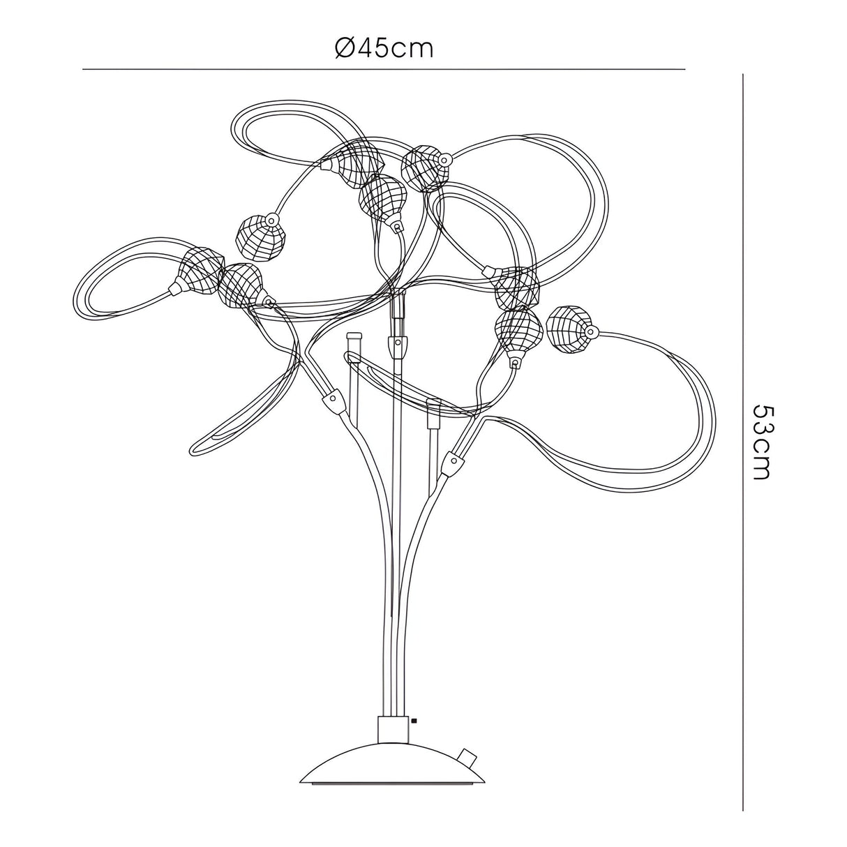 Black and white line drawing of the Messe 3 Light Crystal Table Lamp in polished chrome, featuring looping arms and spherical lights. This elegant lamp measures 53 cm tall by 45 cm wide.