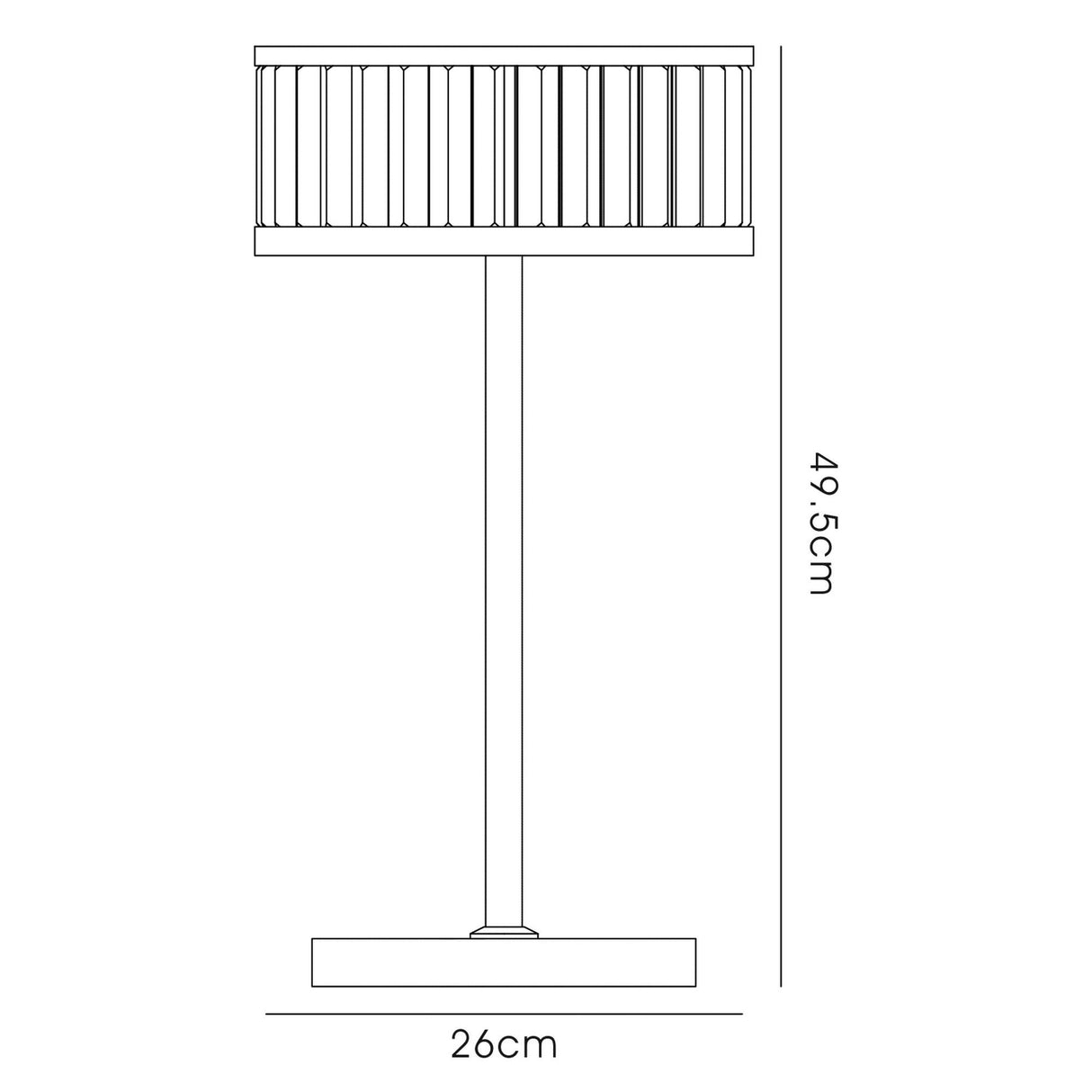 A line drawing of the Torre 3 Light Crystal Table Lamp in polished chrome, featuring a cylindrical shade, straight vertical stand, rectangular base, and measuring 49.5 cm tall by 26 cm wide.