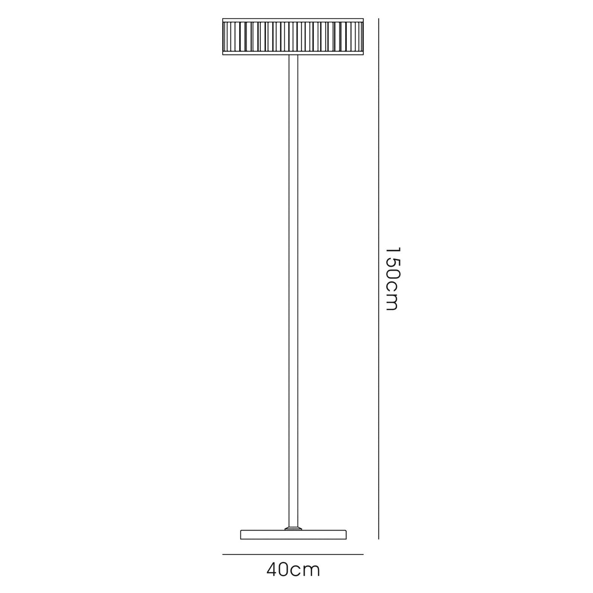 Line drawing of the Torre 5 Light Crystal Floor Lamp in polished chrome, featuring a round base, slender pole, and cylindrical shade. Measures 150 cm high and 40 cm wide—perfect for adding ambient lighting to any room.
