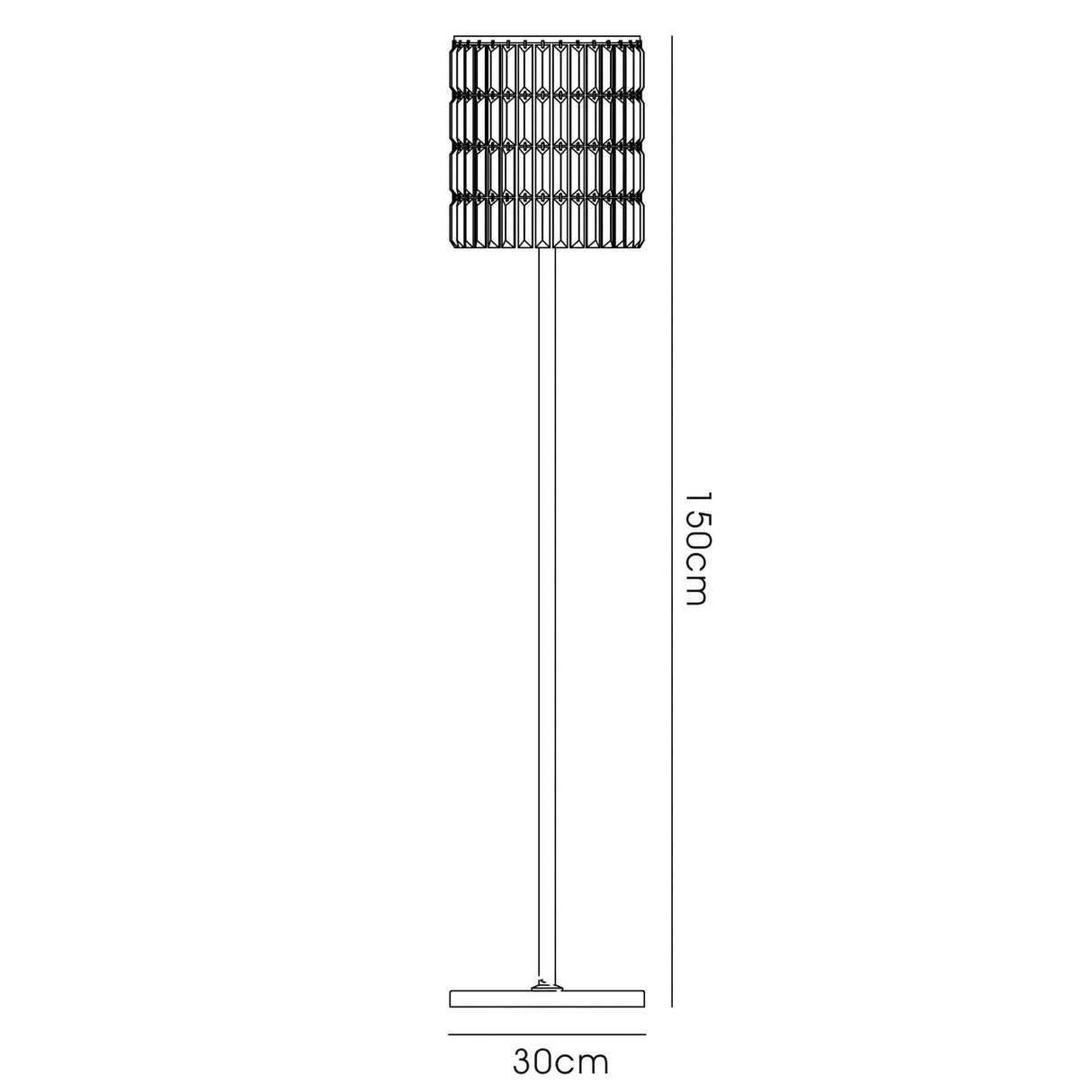 Line drawing of the Torre 5 Light Crystal Curtain Floor Lamp in polished chrome, featuring a cylindrical cage shade, slim vertical pole, and flat round base. The lamp stands 150 cm tall with a 30 cm wide base and labeled measurements.