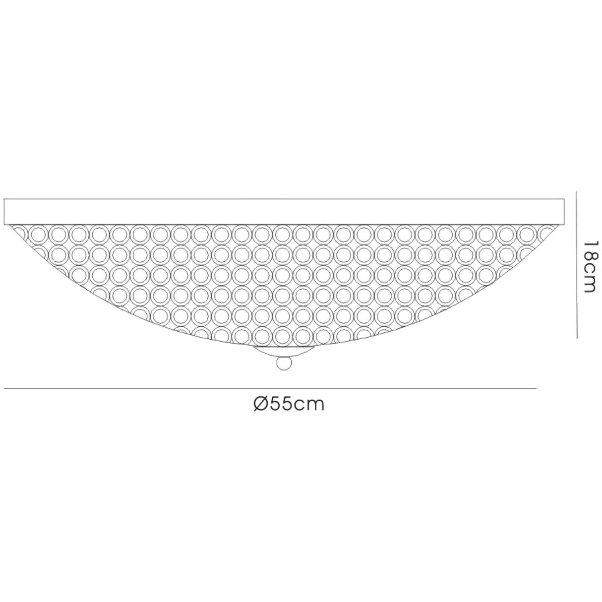 Technical line drawing of the Diyas Ava 9 Light Crystal Flush Ceiling Light showing a 55cm diameter and 18cm height on a white background.