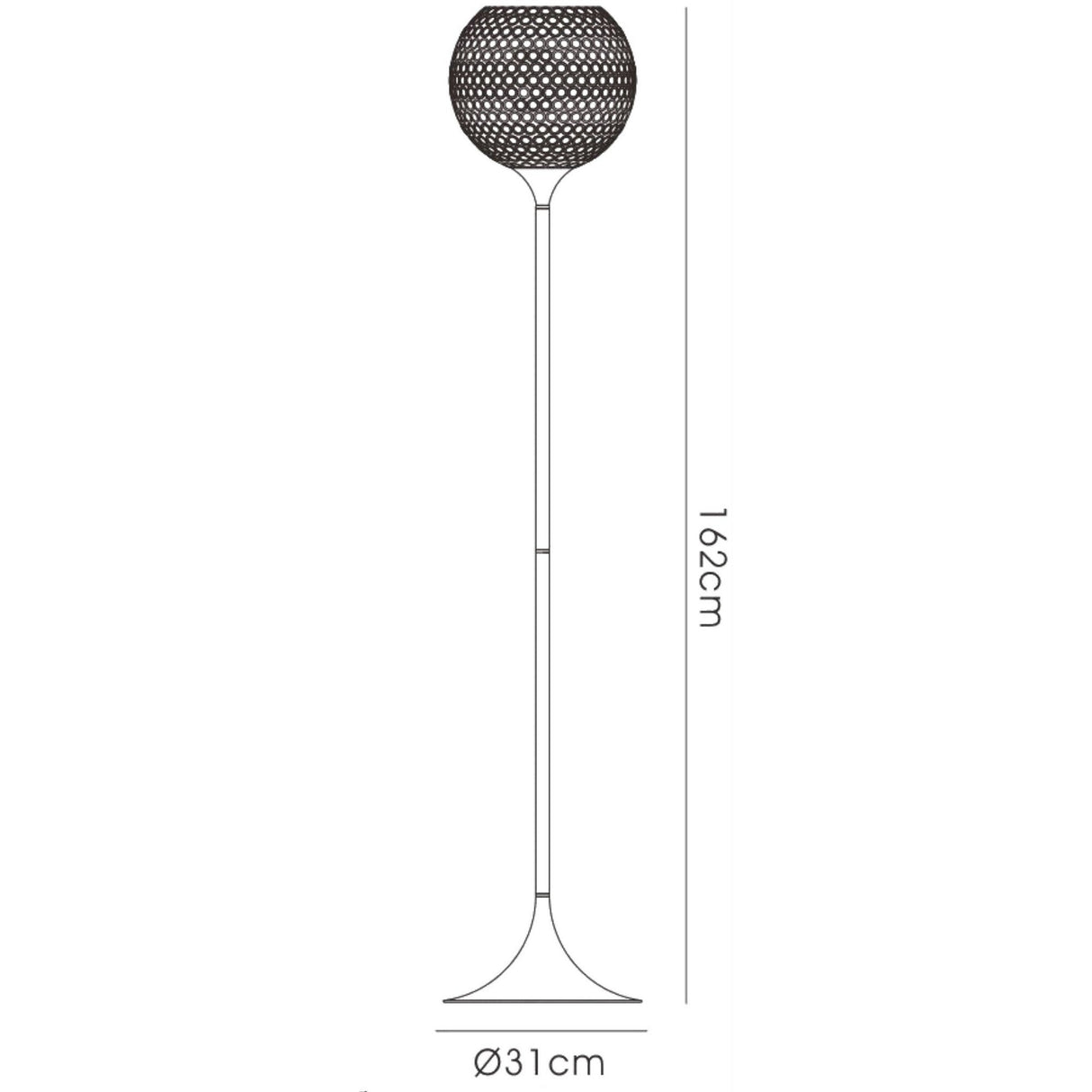 A line drawing of the Ava 5 Light Crystal Floor Lamp - Polished Chrome, featuring a mesh-like round shade, slender pole, wide 31 cm base, and standing 162 cm tall.