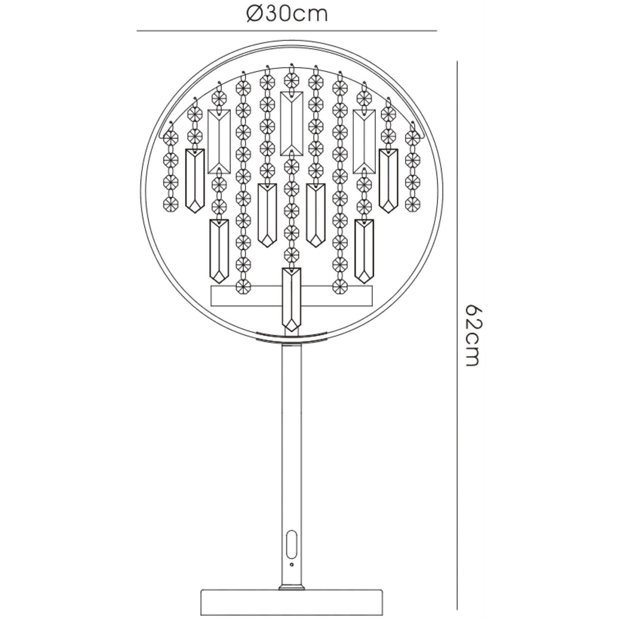 Line drawing of the Geo Crystal 7 Light Table Lamp in polished chrome, a modern lamp with a 62 cm height and 30 cm diameter shade embellished with crystal-like accents.