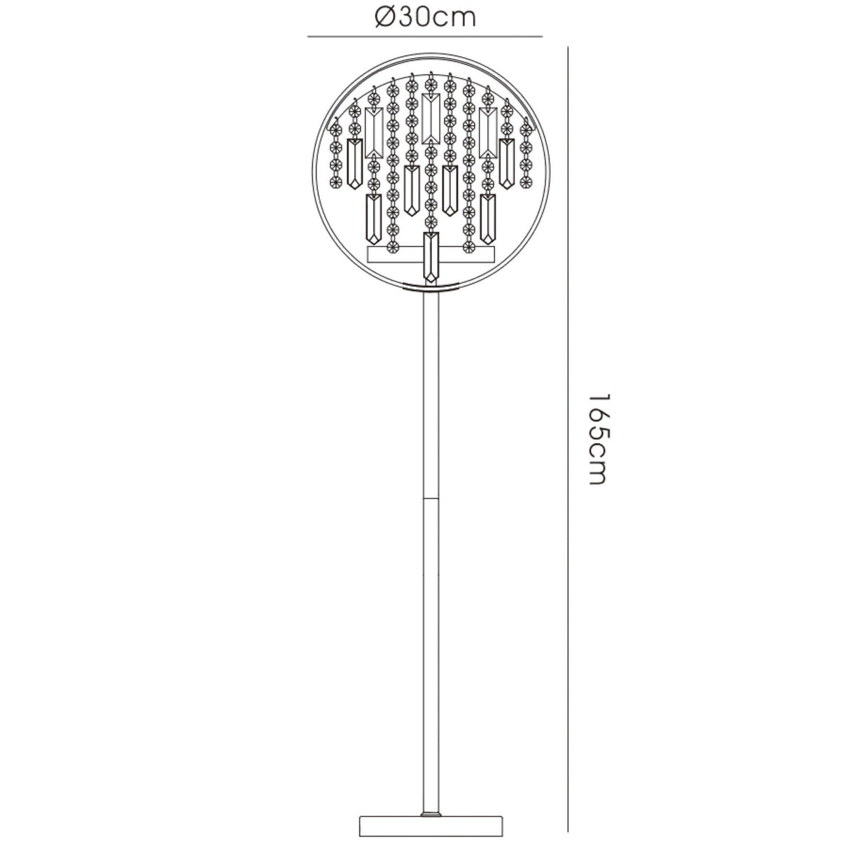 Line drawing of the Geo 9 Light Crystal Floor Lamp in chrome with a black, 30 cm diameter shade, featuring hanging crystal-like elements for modern glamour. The lamp stands 165 cm tall.