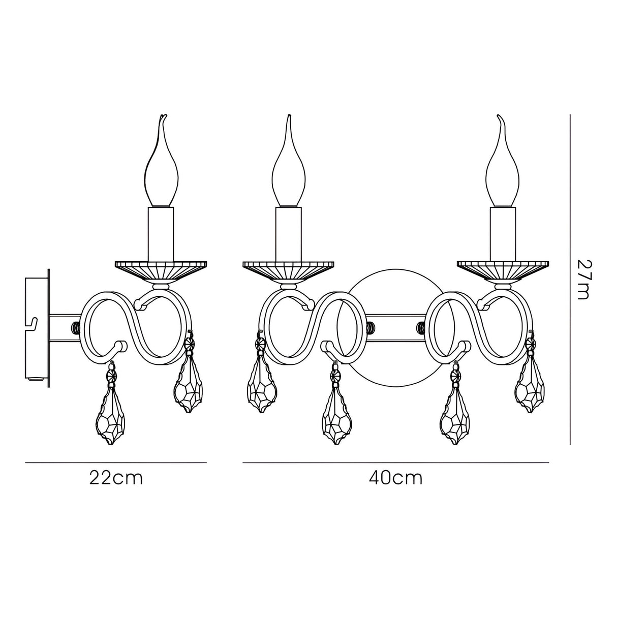Torino 2 Light Crystal Wall Light With Switch - Chrome