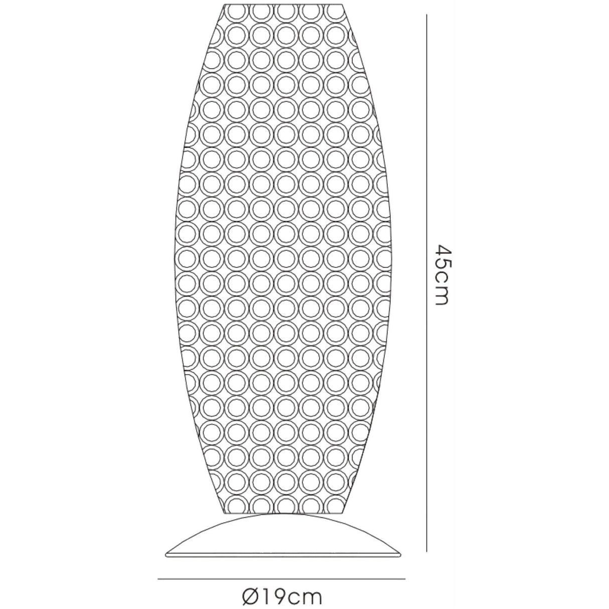 Line drawing of the Kos 3 Light Crystal Table Lamp in polished chrome, featuring a tall, oval shape with a circular hole pattern and measuring 45 cm high and 19 cm in base diameter.