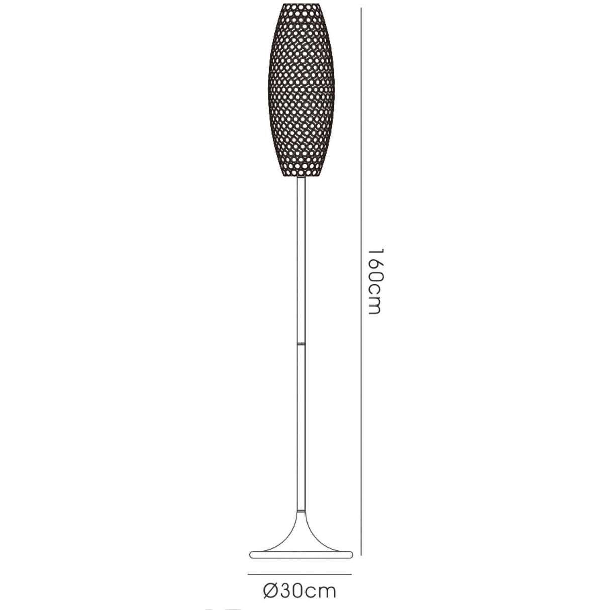 Line drawing of the Kos 4 Light Crystal Floor Lamp in polished chrome, featuring a mesh-patterned oval shade, slender pole, round 30 cm base, and 160 cm height. All measurements are labeled.