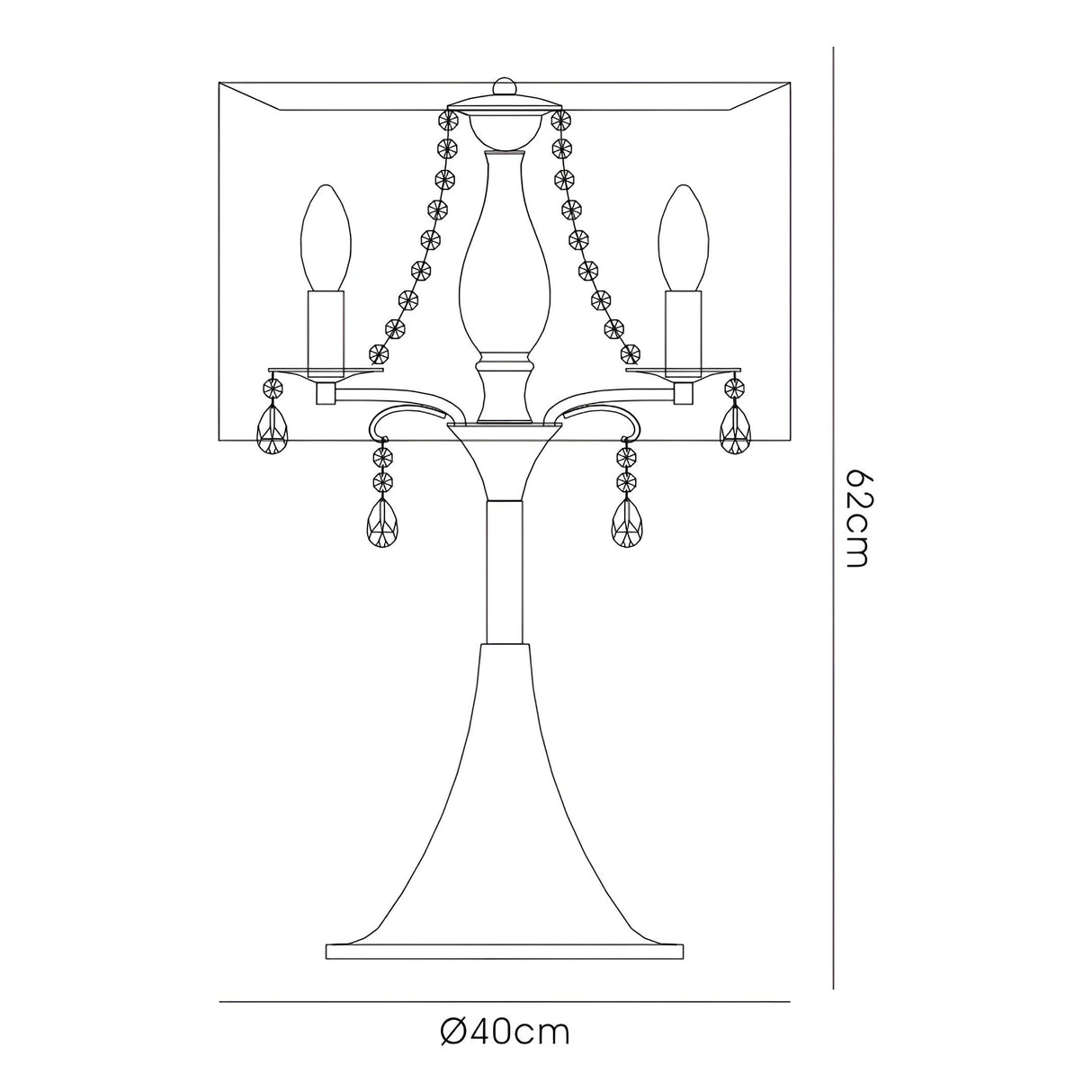 Line drawing of the Trace 3 Light Crystal Table Lamp in chrome with a chrome shade, two candle-style bulbs, crystal beaded chains, a curved base, and dimensions marked as 62 cm high x 40 cm wide.