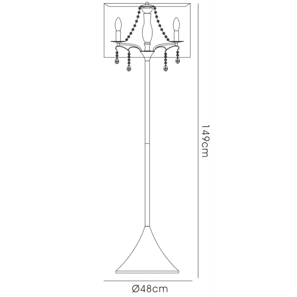 Line drawing of a modern lighting piece—the Trace 4 Light Crystal Floor Lamp in chrome with a chrome shade and hanging crystal-like ornaments, measuring 149 cm high and 48 cm wide at the base.