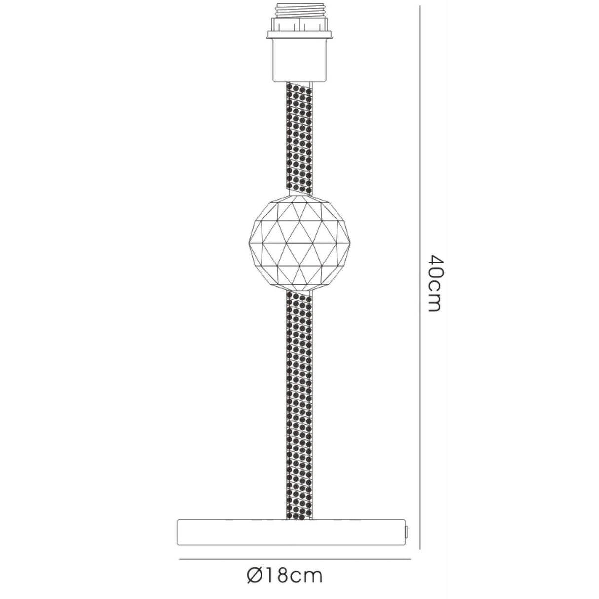 Line drawing of the Elena 1 Light Crystal Table Lamp in polished chrome, featuring a geometric crystal sphere center, cylindrical stem, and rectangular base. Without shade. Dimensions: 40 cm tall, 18 cm diameter at base. Modern craftsmanship highlighted.