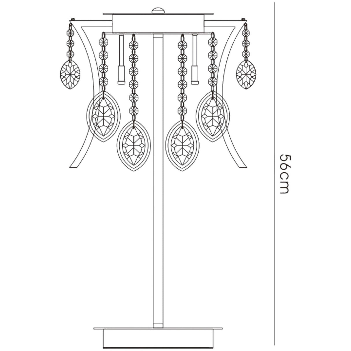 Line drawing of the Mios 3 Light Crystal Table Lamp in polished chrome, featuring hanging crystal ornaments, a curved design, and a height of 56 cm indicated on the right.