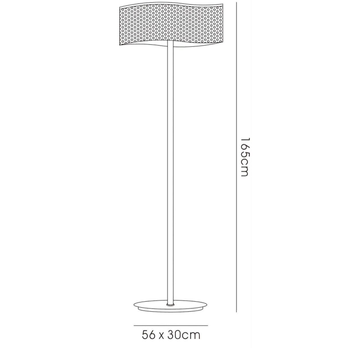 Line drawing of the Fabio 4 Light Crystal Floor Lamp - Chrome (Without Shade) featuring a round base, slender pole, and crystal detail. Dimensions: 165 cm tall; fits shades sized 56 x 30 cm. Add a touch of modern glamour lighting to your space.
