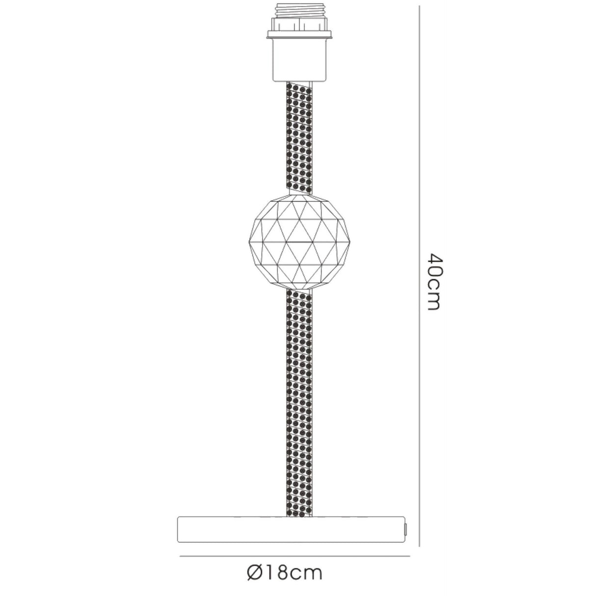 Line drawing of the Elena 1 Light Crystal Table Lamp - Black (Without Shade) with a round faceted crystal centerpiece, cylindrical base (18 cm diameter), height 40 cm, and a socket at the top for a lightbulb.