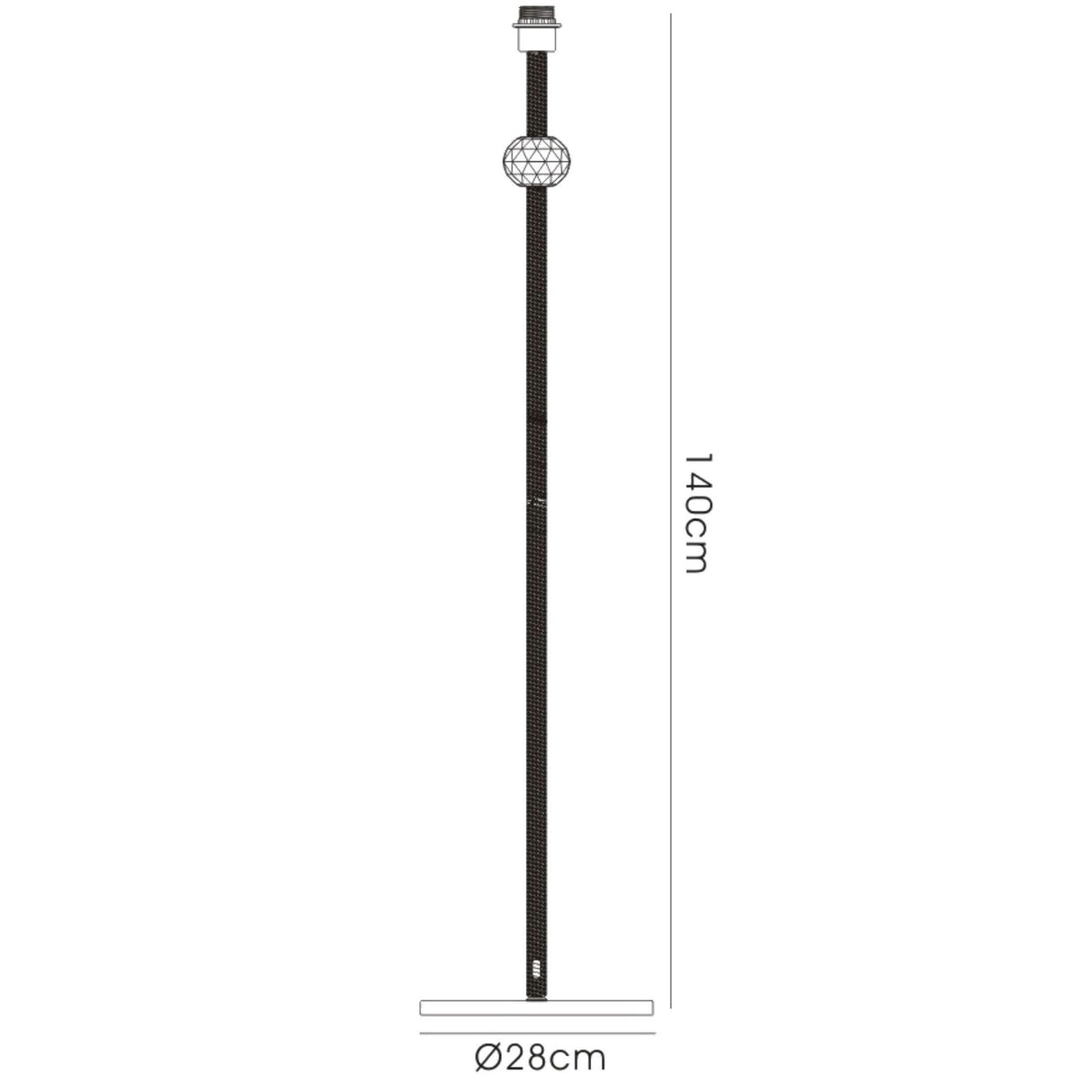 Line drawing of the Elena 1 Light Crystal Floor Lamp - Black (Without Shade), with a round crystal detail near the top, black chrome finish, 140cm height, and 28cm base. Measurement lines are shown alongside the lamp.