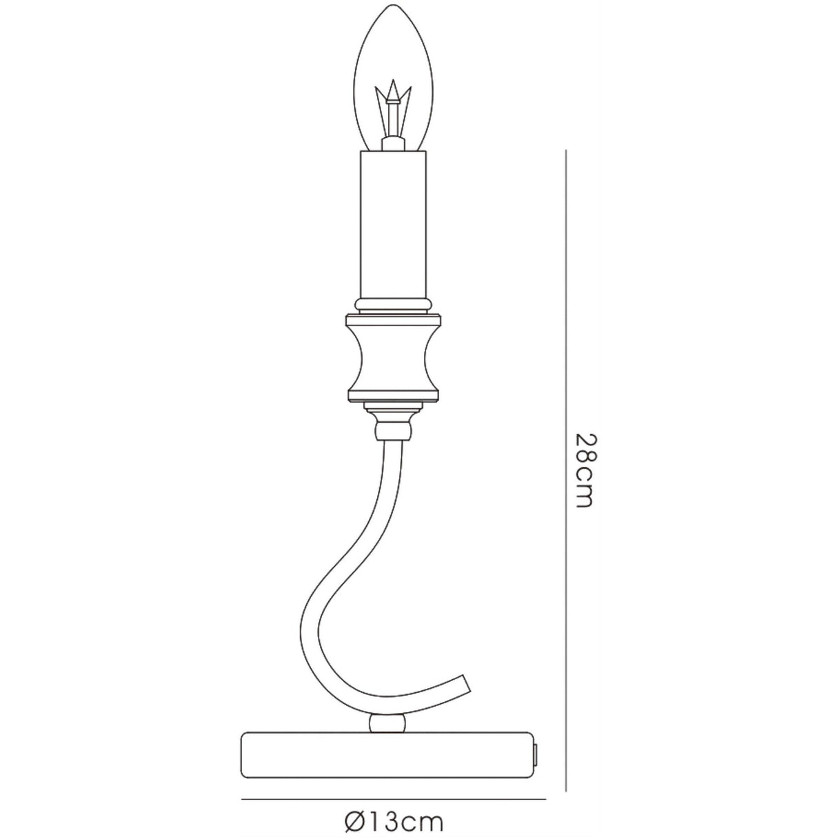 Line drawing of the Nydia 1 Light Crystal Table Lamp in polished chrome, featuring a candle-shaped bulb, curved stem, flat base, and crystal details. Dimmable lighting. Dimensions: 28cm tall x 13cm wide (clearly labeled in cm).