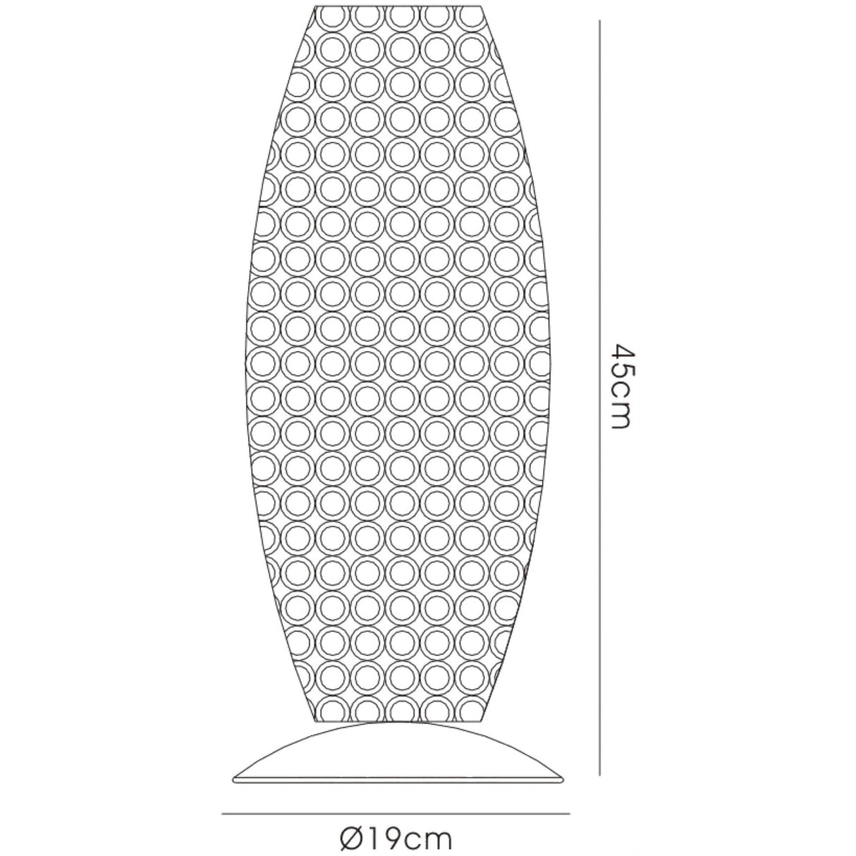 Line drawing of the Kos 3 Light Crystal Table Lamp—French Gold, an elegant, tall oval-shaped lamp with a circular pattern, measuring 45 cm high and 19 cm in diameter.