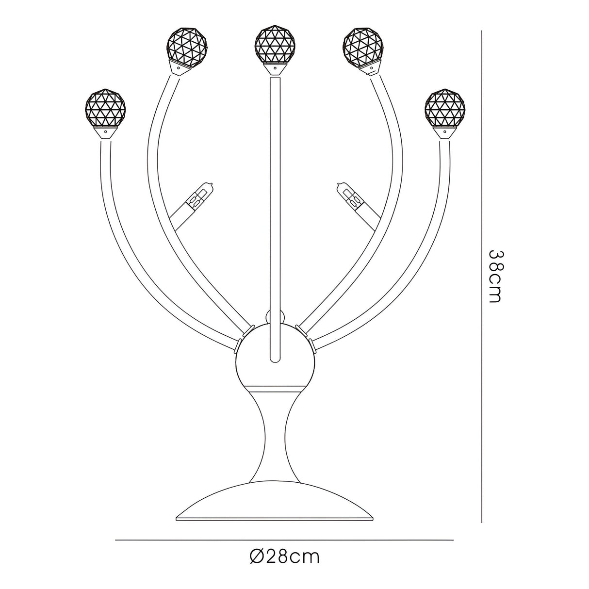 Line drawing of the Xeena 3 Light Crystal Table Lamp in French Gold, featuring three curved arms with textured round bulbs. The lamp stands 38 cm tall on a 28 cm diameter circular base, with all measurements shown.