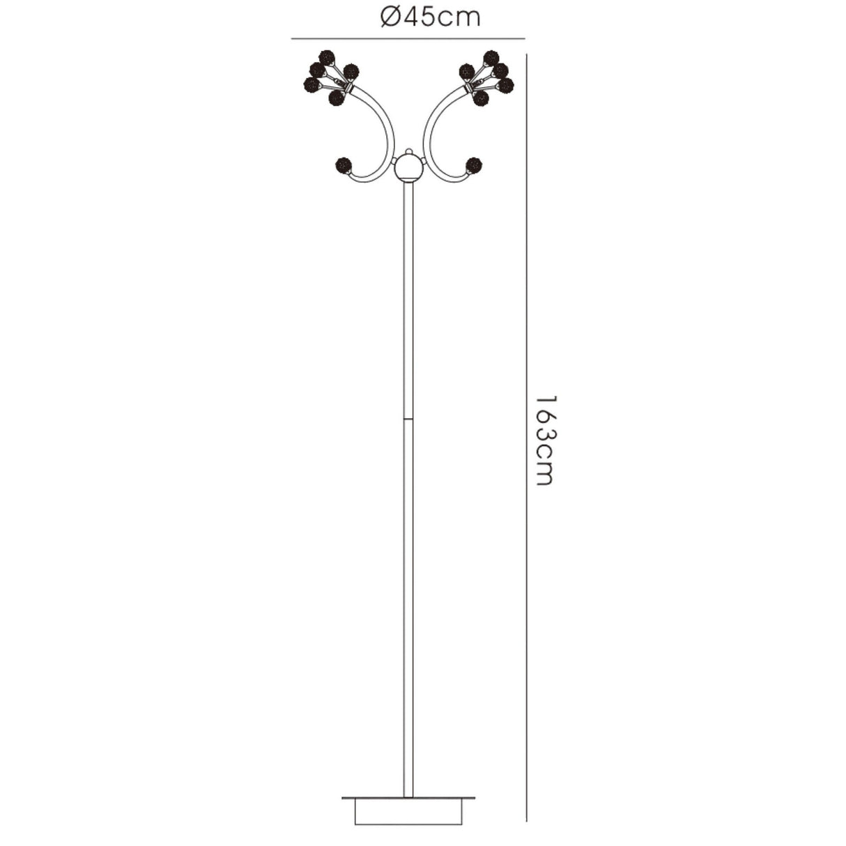Line drawing of the Octavia 4 Light Crystal Floor Lamp in polished chrome, featuring two curved arms with clusters of small round lights for ambient lighting. Dimensions: 45 cm wide, 163 cm tall.