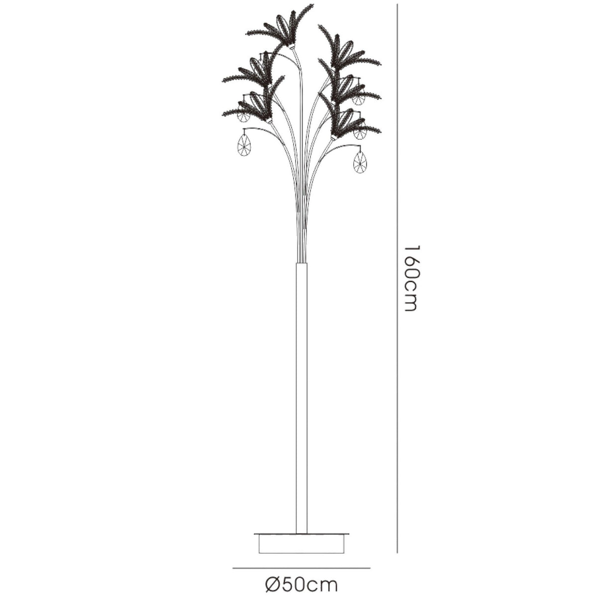 A diagram of the Kenzo 6 Light Crystal Floor Lamp in polished chrome, featuring a palm tree design with a 160 cm height and 50 cm base. Six curved branches extend from the top, each adorned with crystal accents and hanging lights.